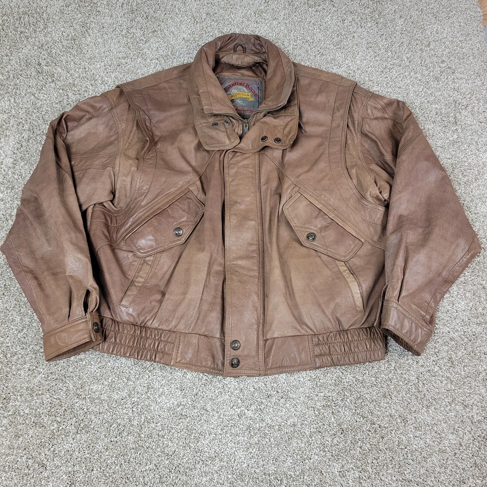 Adventure Bound Originals Mens XL Solid Brown Leather Bomber Jacket‎ Full Zip
